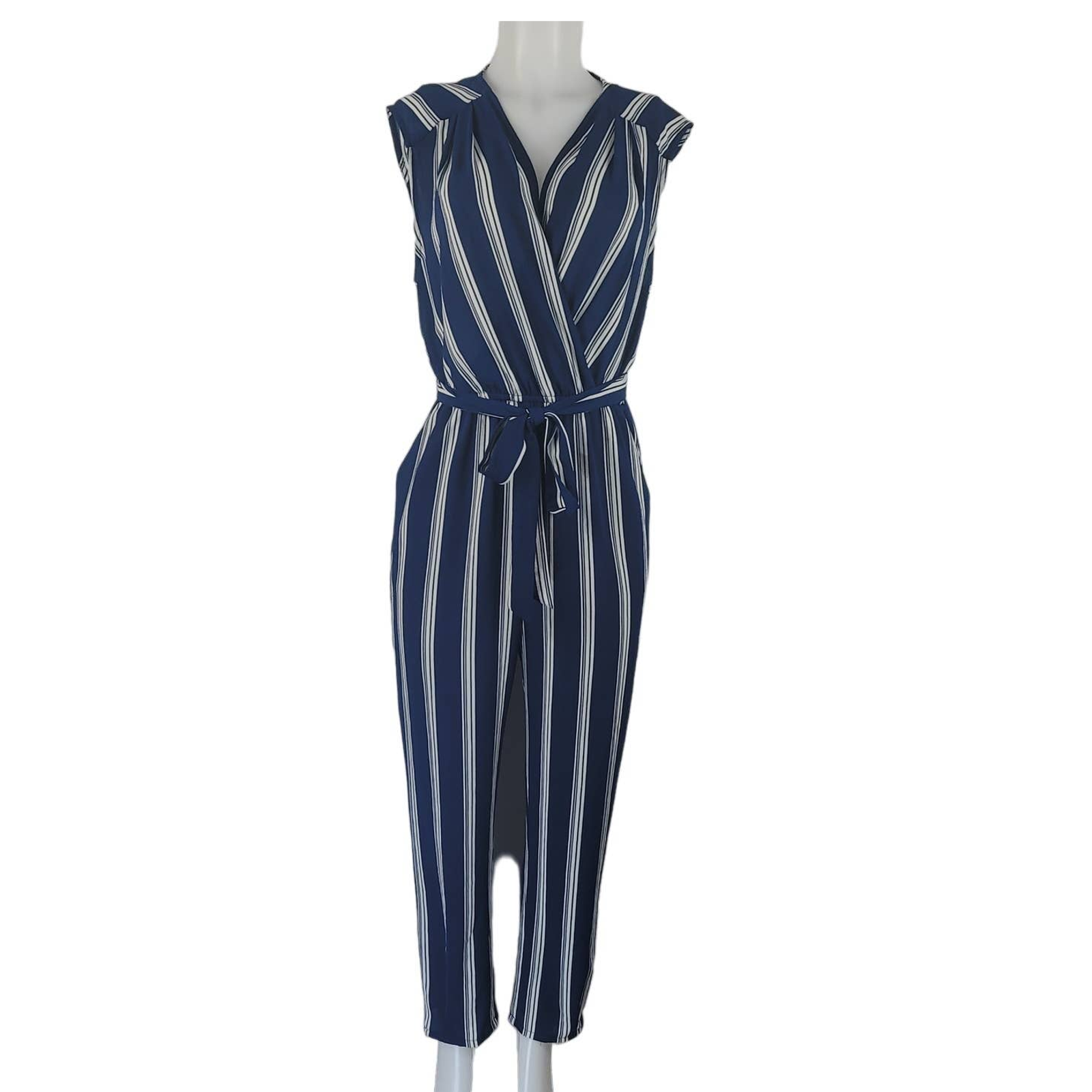 Lily Rose Navy White Stripped Business Casual Women's Jumpsuit Medium Nwt
